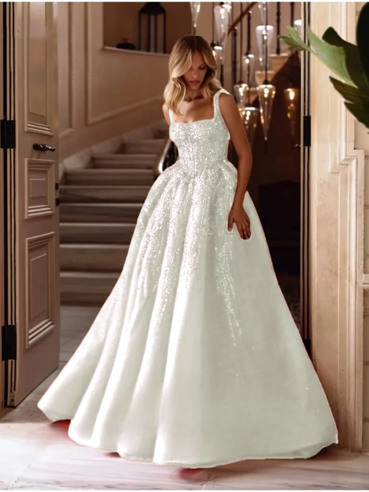 

Fairy Square Collar Prom Dresses Spaghetti Straps Glitter Sequin Appliques Shiny Floor Length Formal Evening Party Gown