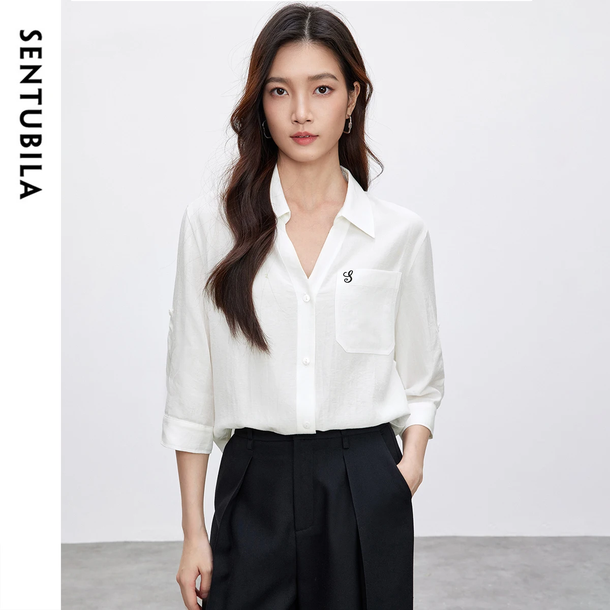 SENTUBILA نمط رسمي قميص نسائي 2025 الربيع الصيف ليوسيل التلبيب ثلاثة أرباع كم التطريز البلوزات الإناث 152C59034 #5