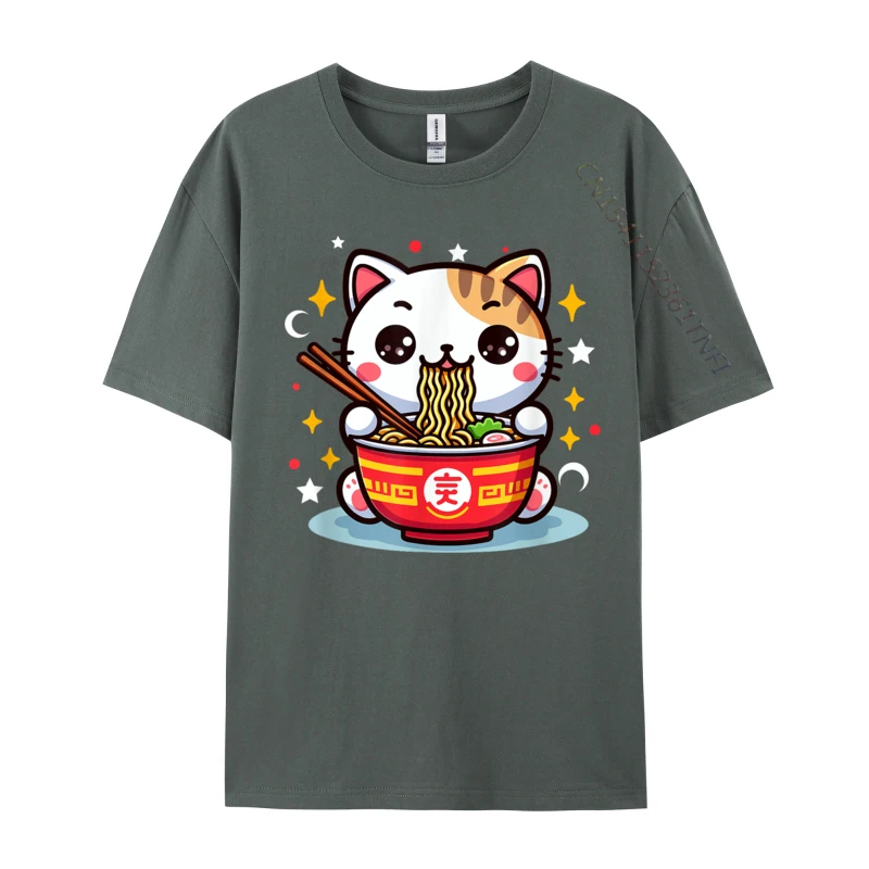 Ramen Noodles Eater Cat Kawaii Ramen Food Lovers Hip hop Cotton Tops T Shirt for Men Fitness Tight Tshirts Party Hip Hop