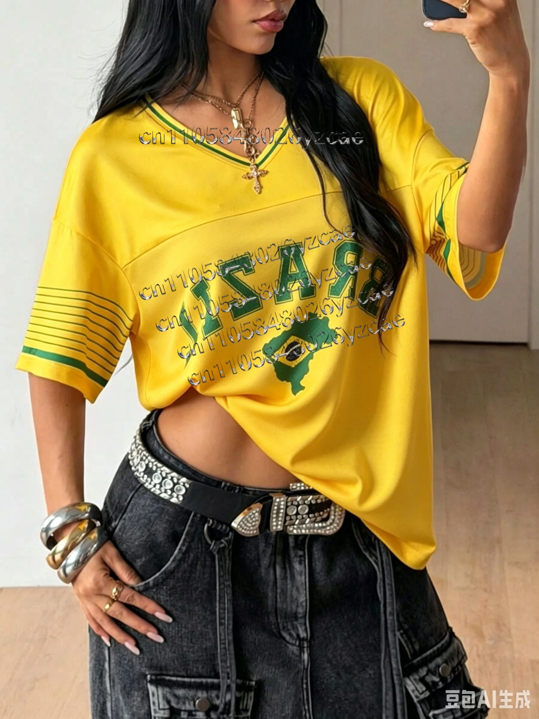 Summer New Vintage Brazil Print Women V-Neck T Shirt Patchwork Short Sleeve Sports Tees Football Jersey Y2K Loose Oversized Tops