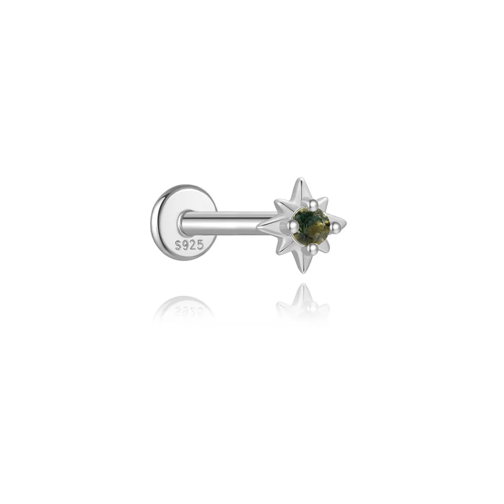 AIDE Wasser Gras Achat 925 Sterling Silber Flachkopf Faden Piercing Ohrring Grünes Moos Piercing Ohr Knochen Ohrring Schmuck 1 Stück