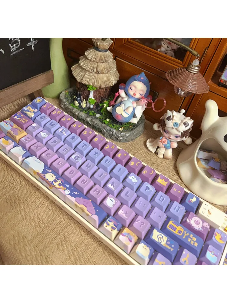 140Keys Cherry Pbt Purple Keycaps Fairy Tale Jeradin Magic Lamp Theme Keycaps Five-Sided Sublimation Cute Blue And Purple Keycap