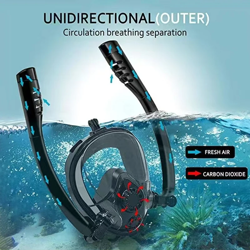 Snorkeling Mask Double Tube Silicone Full Dry Diving Mask Adult Swimming Mask Diving Diving Camera Holder Goggles