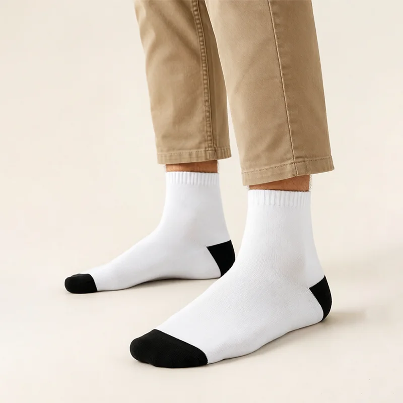 5 Pairs Men Letter P Wreath Embroidery Crew Socks Color Block Heel Toe Soft Cotton Breathable Casual Daily Mid Calf Socks