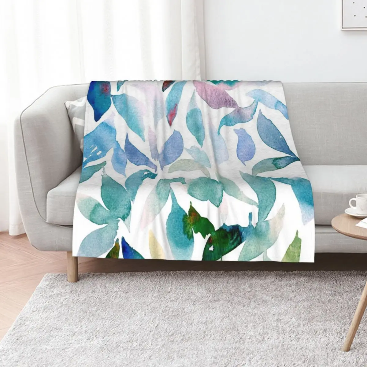 Loose Watercolor Leaves - Blue Throw Blanket Hair Sofas Thermals For Travel Flannel Fabric Sleeping Bag Polar Blankets