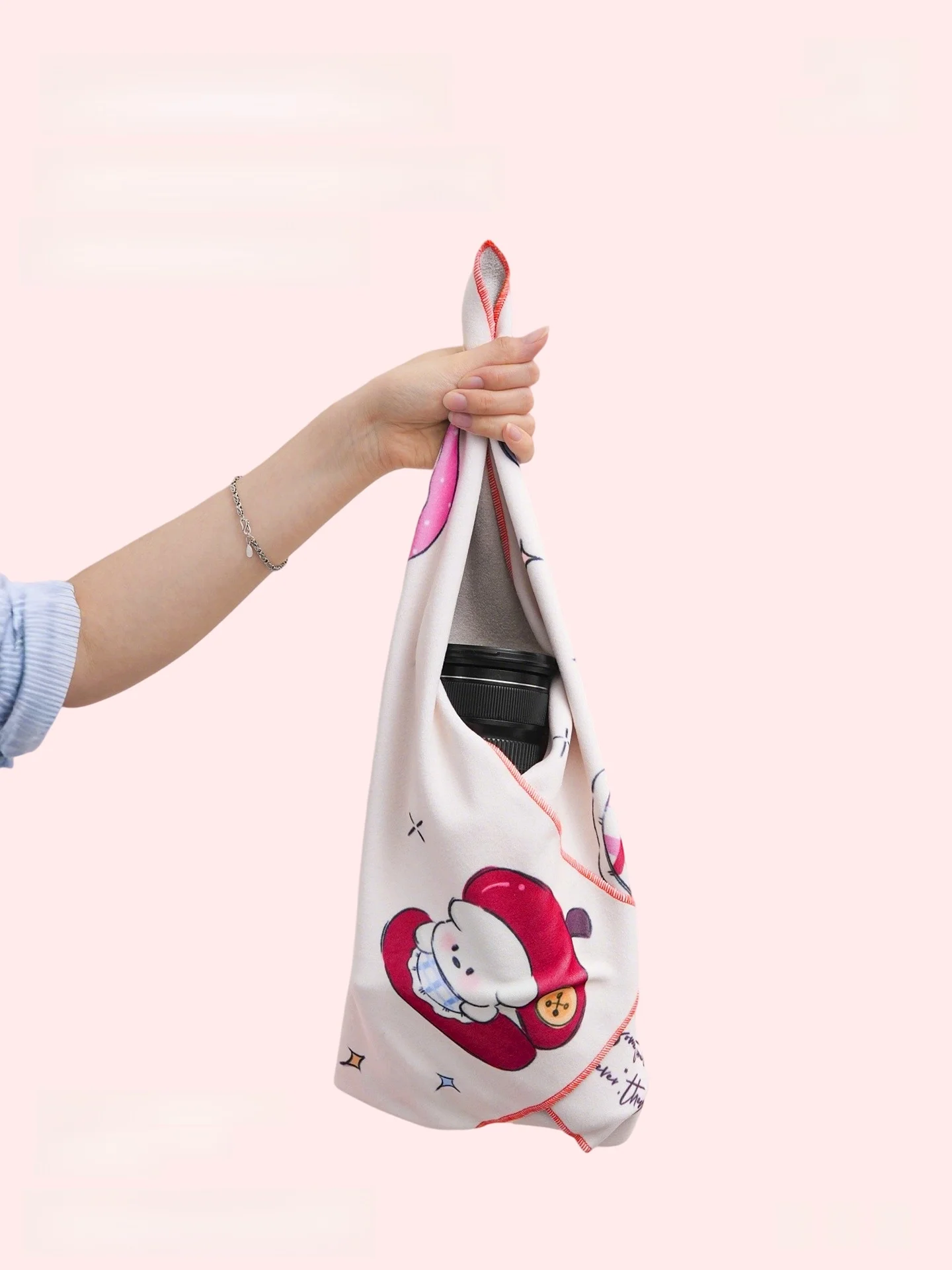 

Portable Red Little Dog Magic Cloth Camera Cosmetic Storage Bag Travel Self Adhesive Utility Pouch Cartoon Style Square