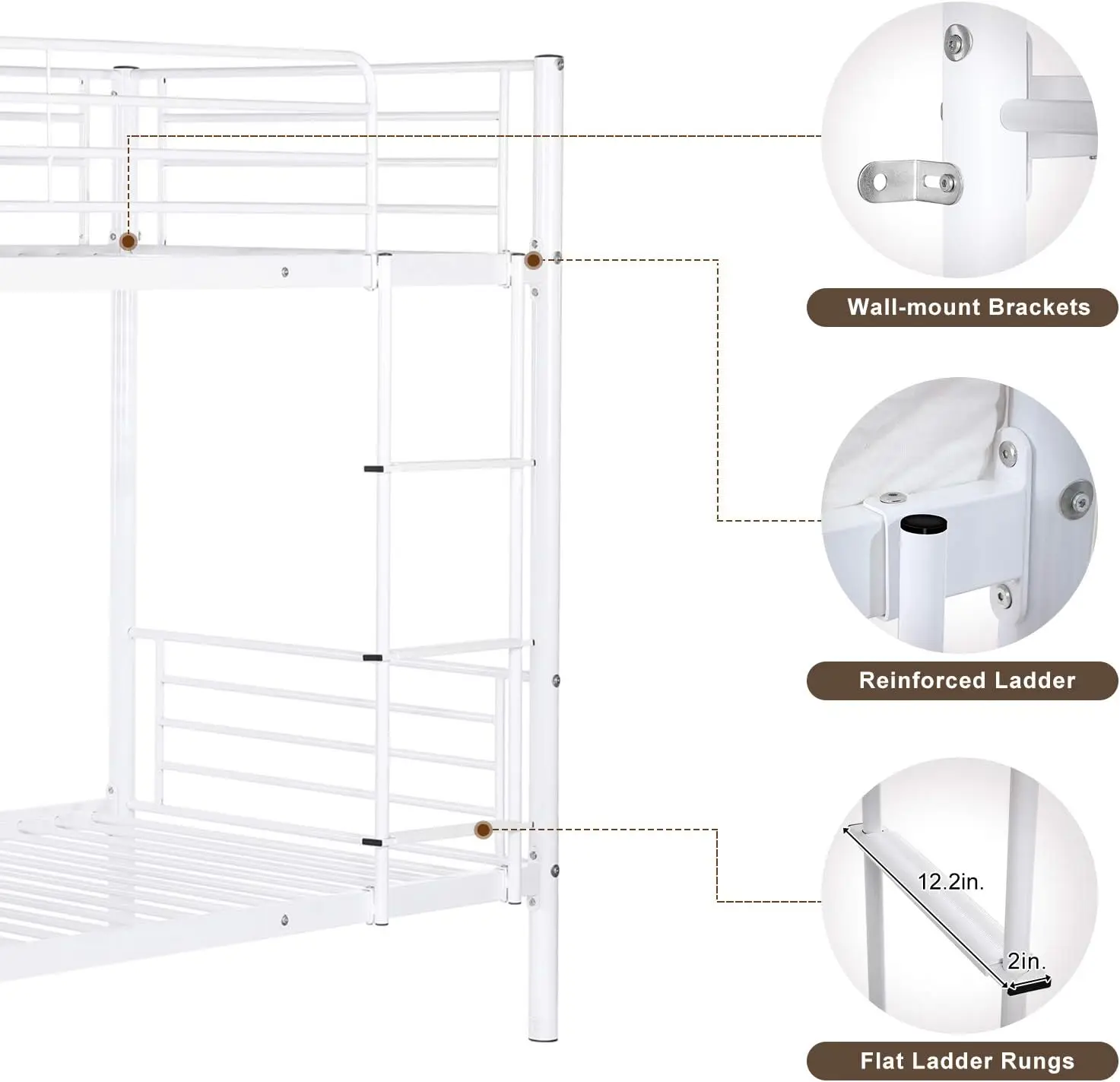 Twin Over Twin, Metal Bunk Beds White for Girls/Boys/Adults, Anti-Slip Flat Step, No Box Spring Needed