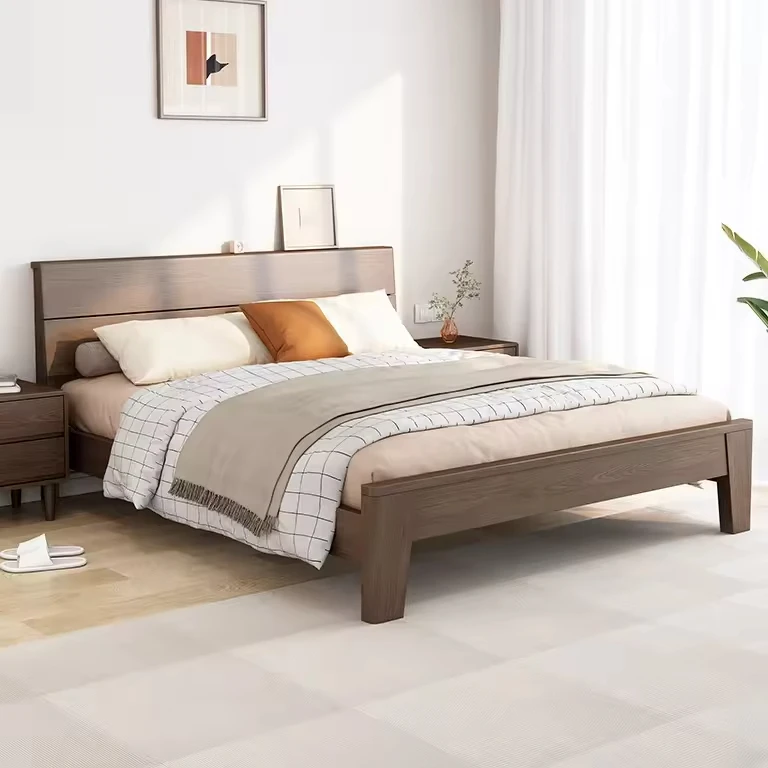 #Minimalist Modern Solid Wood Double Bed Frame High Sitting Height Extendable For Home Or Hotel Furniture