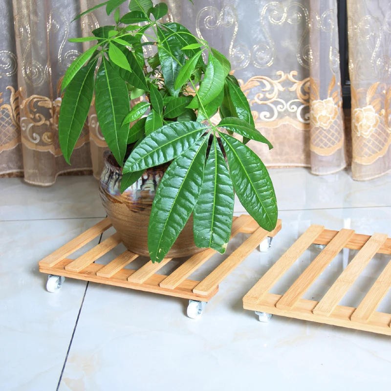 

30x30x5cm Bamboo Roller Pallet Movable Flower Rack Flowerpot Base Tray With Wheels Hollow Out Flower Holder Tray Rack Home Decor