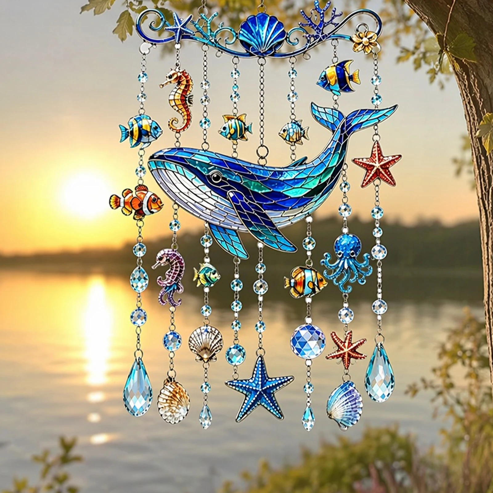 Carillon éolien en cristal sur le thème de l'océan, carillon éolien peint avec des animaux marins, carillons éoliens élégants pour l'extérieur, pour patio, véranda, cour, jardin