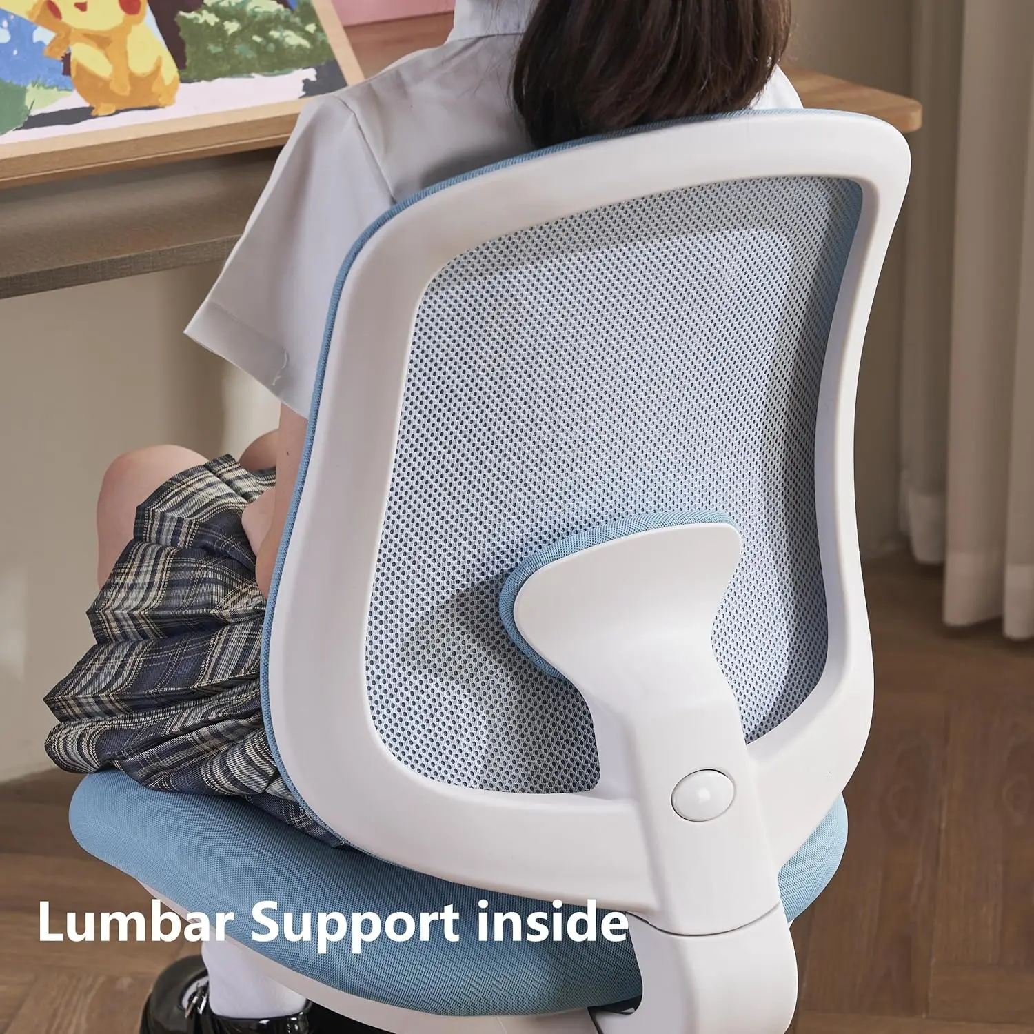 Kids Ergonomic Study Chair with Lumbar Support, Adjustable Height & Backrest, Mesh Shell in Blue