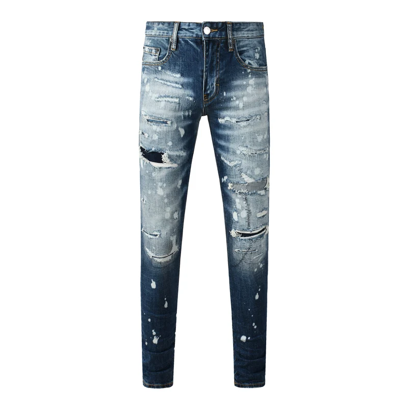 Men's Light Blue Gradient Washed Ripped Skinny Jeans, Paint Splatter Distressed Stretch Slim Fit Denim Pants Streetwear Trousers