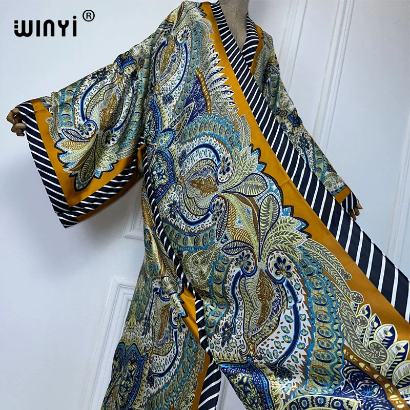 WINYI Africa popularna letnie kimono sukienka maxi okrycie plażowe sweter boho maxi płaszcz abayas print kaftan plażowa odzież damska 2024