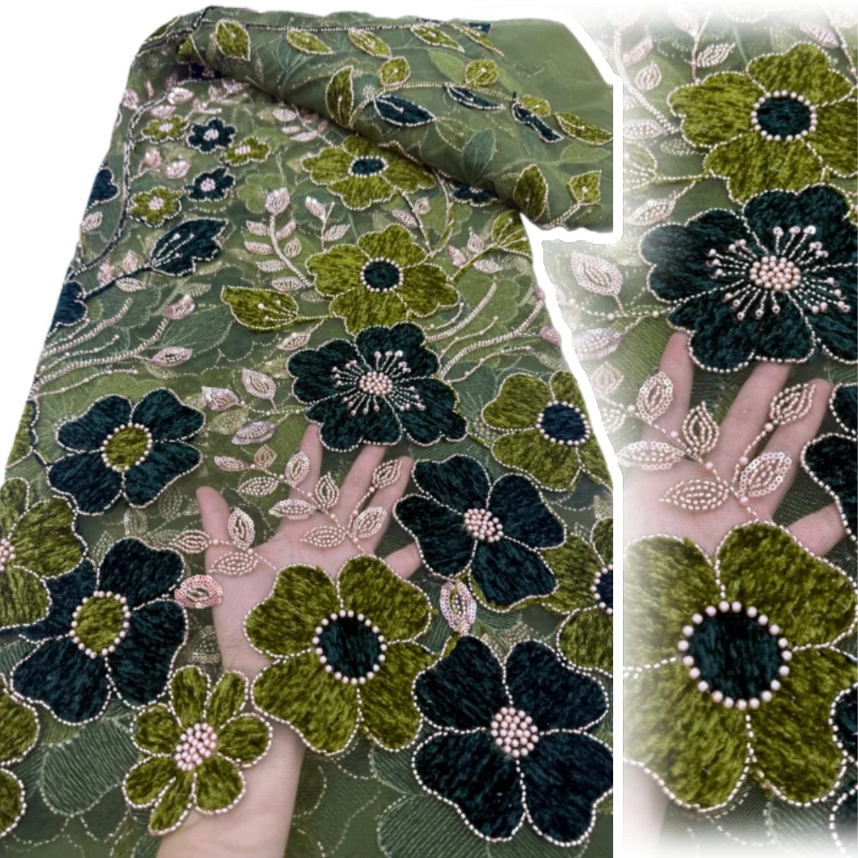 

Африканская кружевная ткань 2025 г., высокое качество, 5 ярдов, нигерийская элегантная 3D вышитая цветочная кружевная ткань с бисером для праздничного платья SZ1743