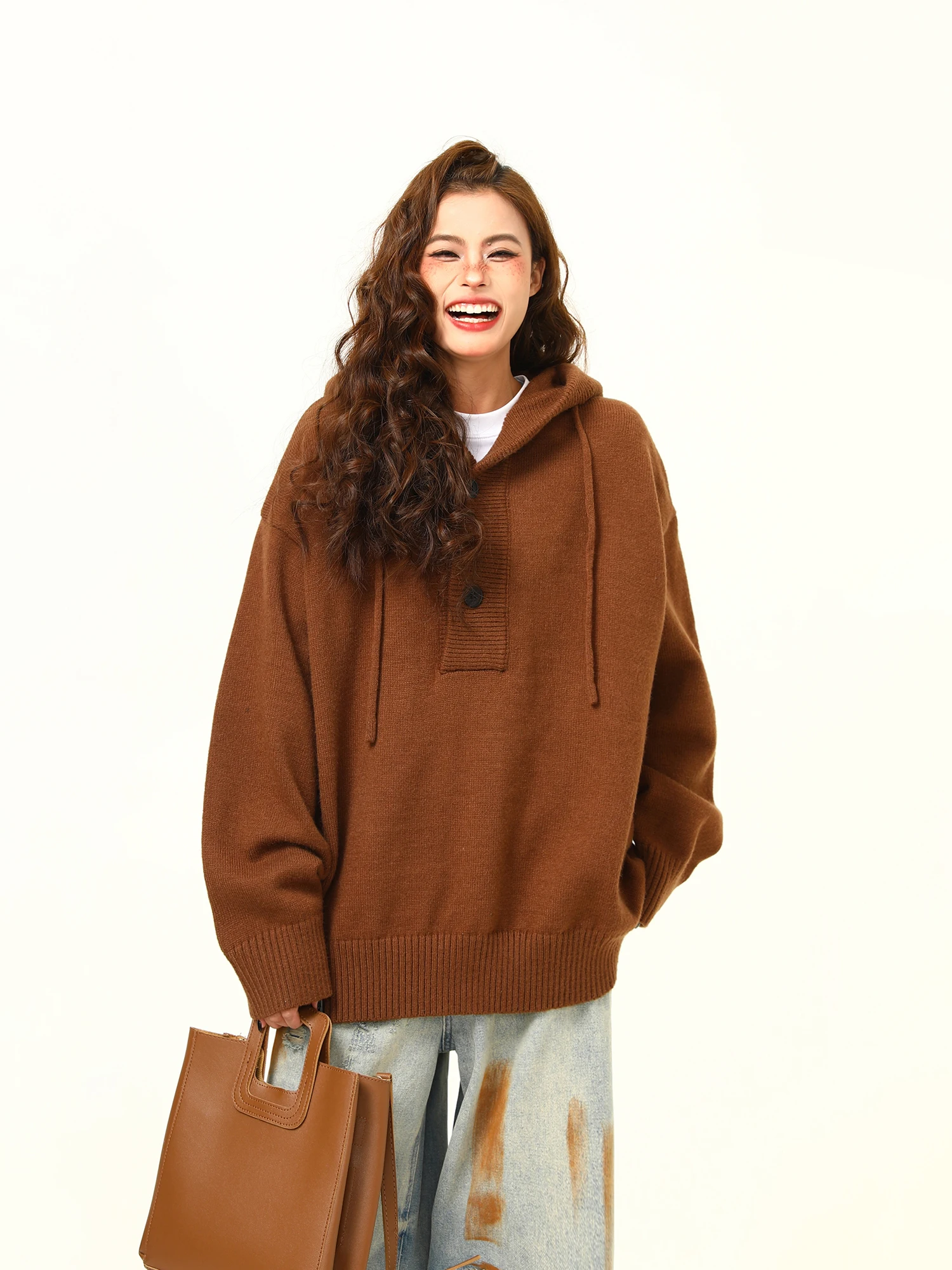 

Wild American Retro Thiened Brown Hoodie Women's Loose Lazy Knitted Sweater Trendy Street Sle Autumn Winter Warmth