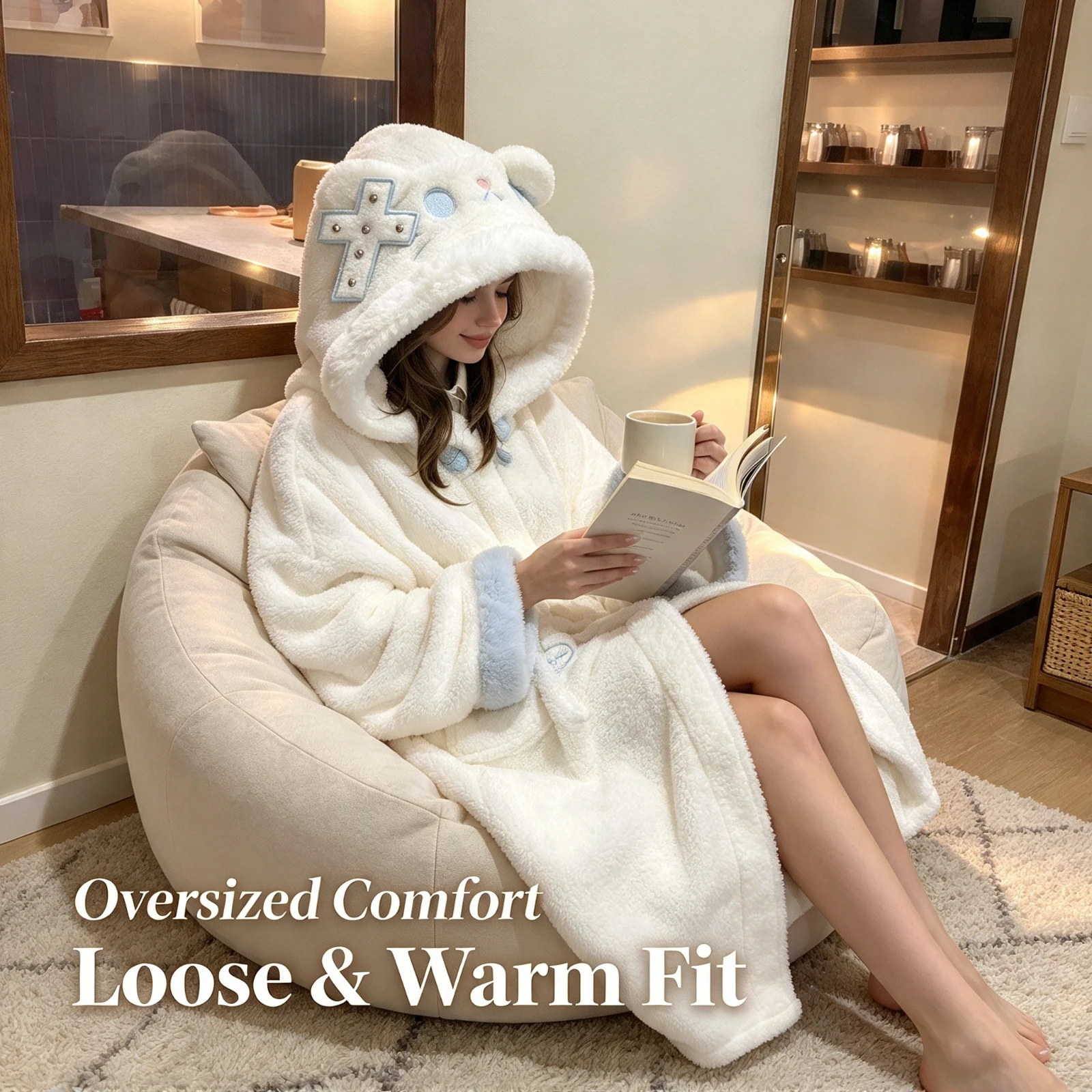 White Fluffy Ghost Hooded Robe, Coral Fleece Pajamas Women Cute, Cartoon Plush Sleepwear Winter Warm, Thick Homewear Outwear Gif