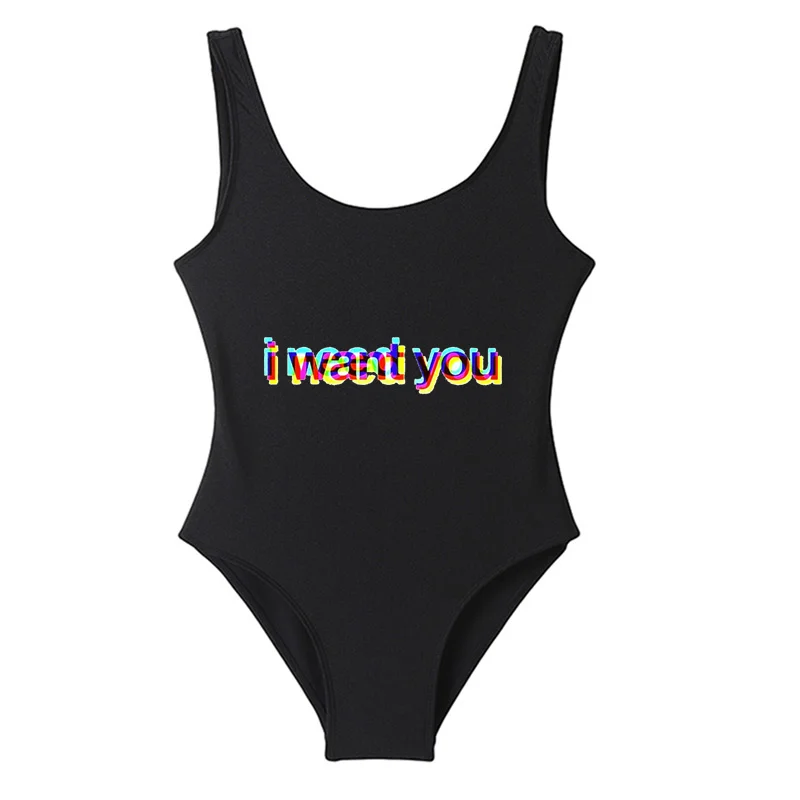 

I WANT YOU I NEED YOU Girl's Summer Bikinis One Piece Backless Swimwear Monokini Sexy Bodysuits Women Swimsuit Badpak Bathing