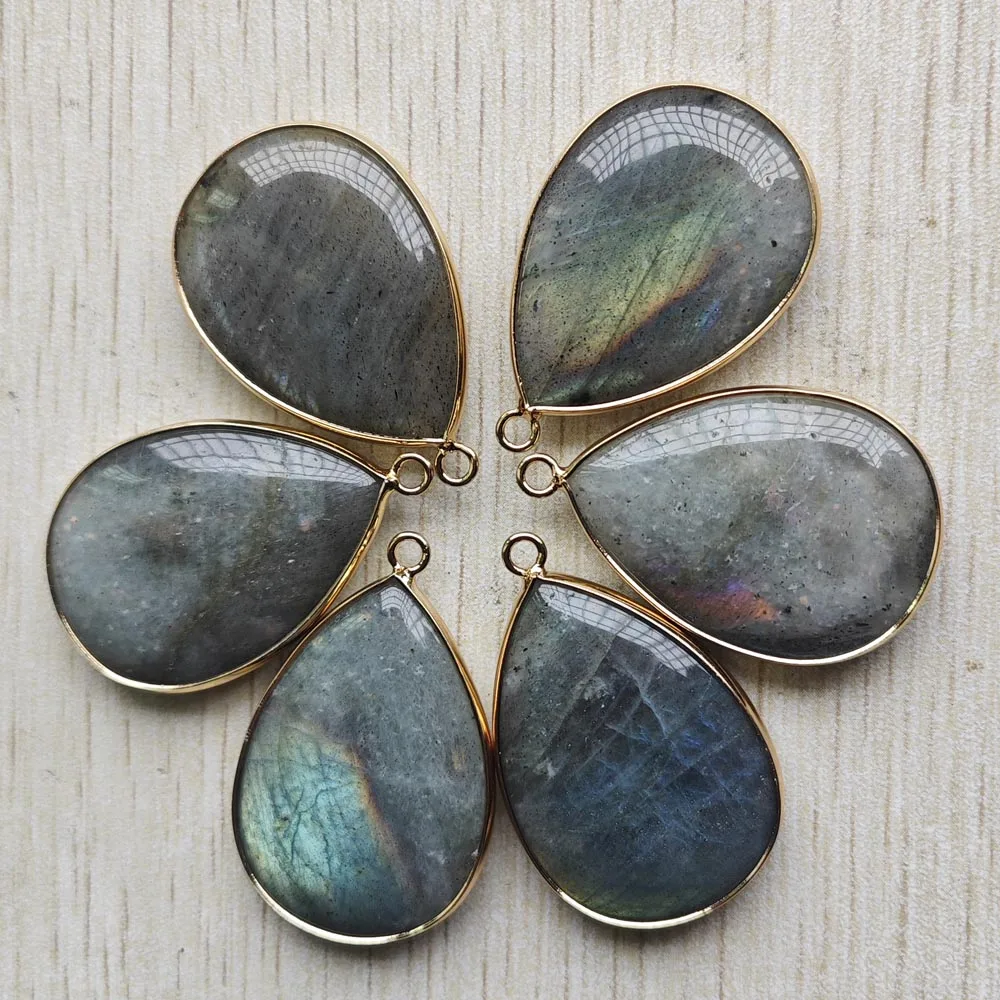Fashion natural Labradorite gold color side water drop shape Pendants for jewelry making 6pcs/Lot Wholesale fast shipping