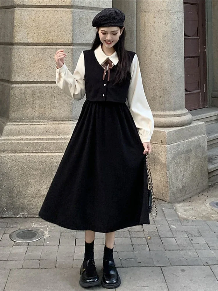 Woherb Fashion Fake Two Piece Women Dresses Korean  Long Sleeve Patchwork Chic  Vestido Ladies Casual Vintage Robe