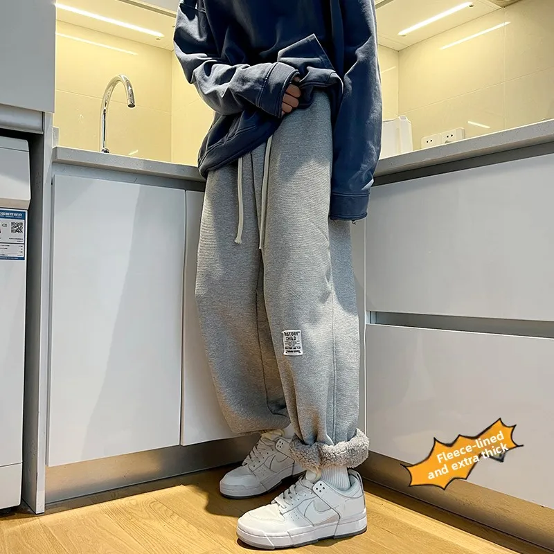 

Men's Thiened Fce Lined Casual Pants American Retro Sle Winter Warm Sports Trousers Loose Fit Long Pants Youth Faion