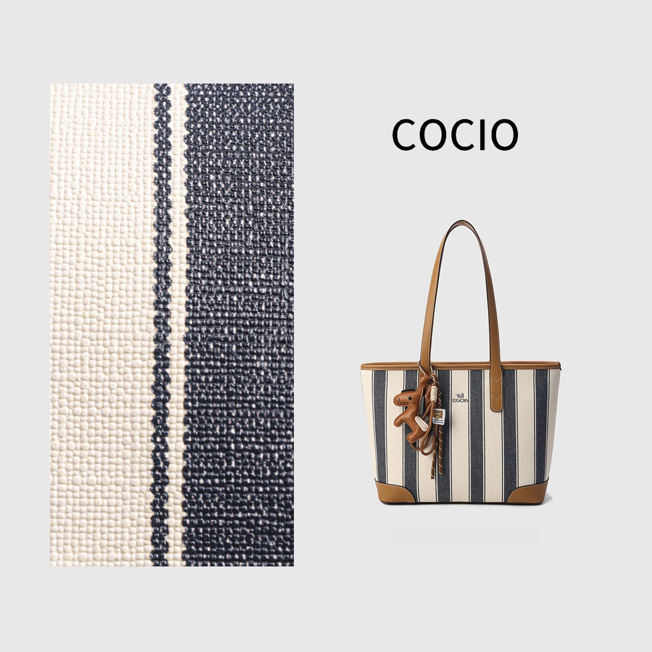 COCIO 2026 Women Striped Canvas Tote Bag Large Capacity Commuter Shoulder Handbag with Cute Horse Pendant Casual Shopping Work B