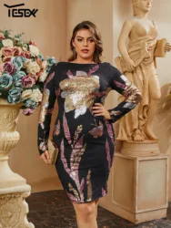 Yesexy Plus Size Women Clothing 4XL Floral Long Sleeve Bodycon Midi Black Cocktail Dress