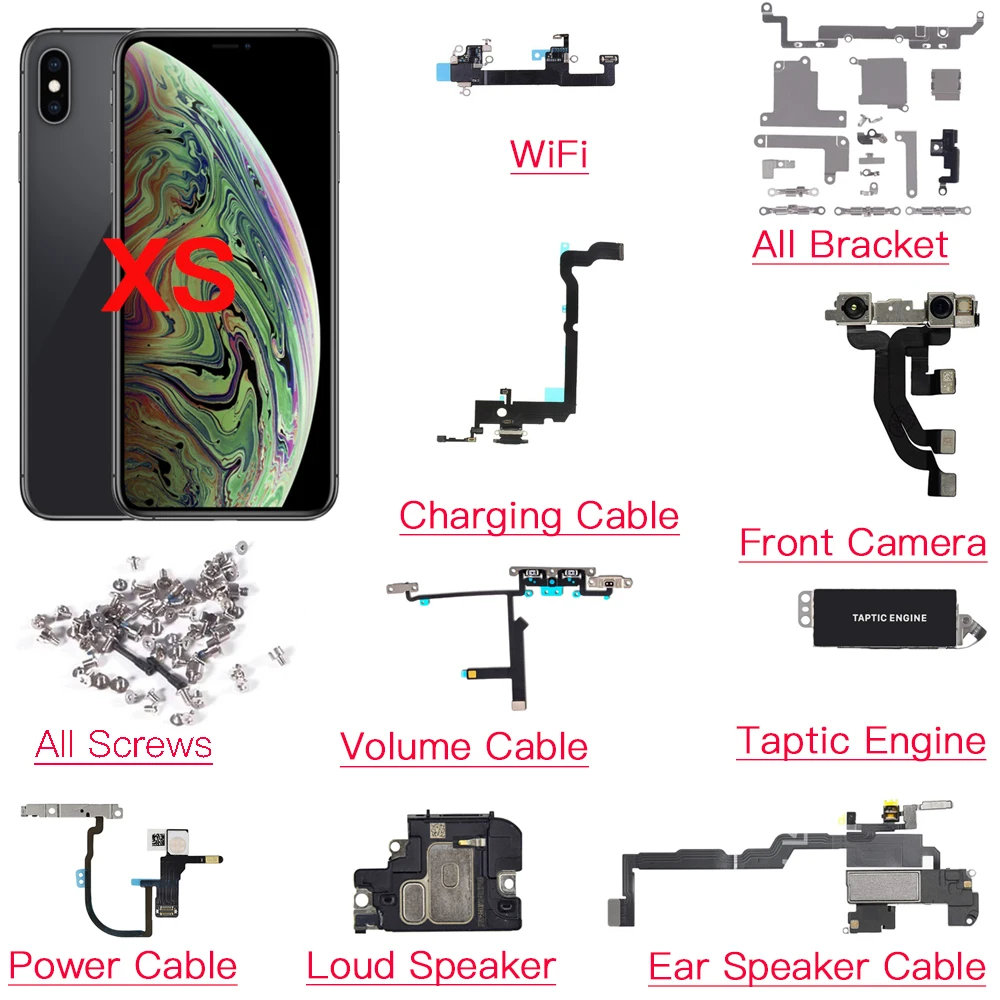 

Внутренние детали Pop, замена для IPhone XS, передняя камера, динамик, мощность, громкость, зарядка, гибкий кабель, громкий динамик, Wi-Fi, все винты