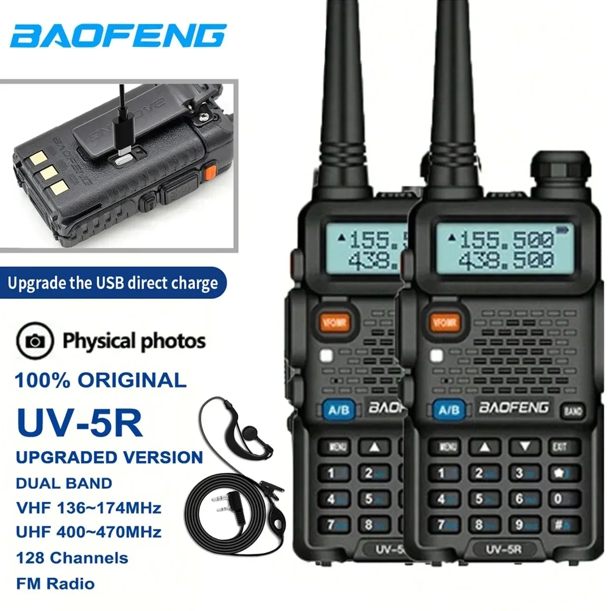 1 قطعة/2 قطعة Baofeng UV-5R USB طويلة المدى هام الهواة مع راديو FM طويلة المدى المحمولة اتجاهين راديو Baofeng CB راديو لاسلكي Tal