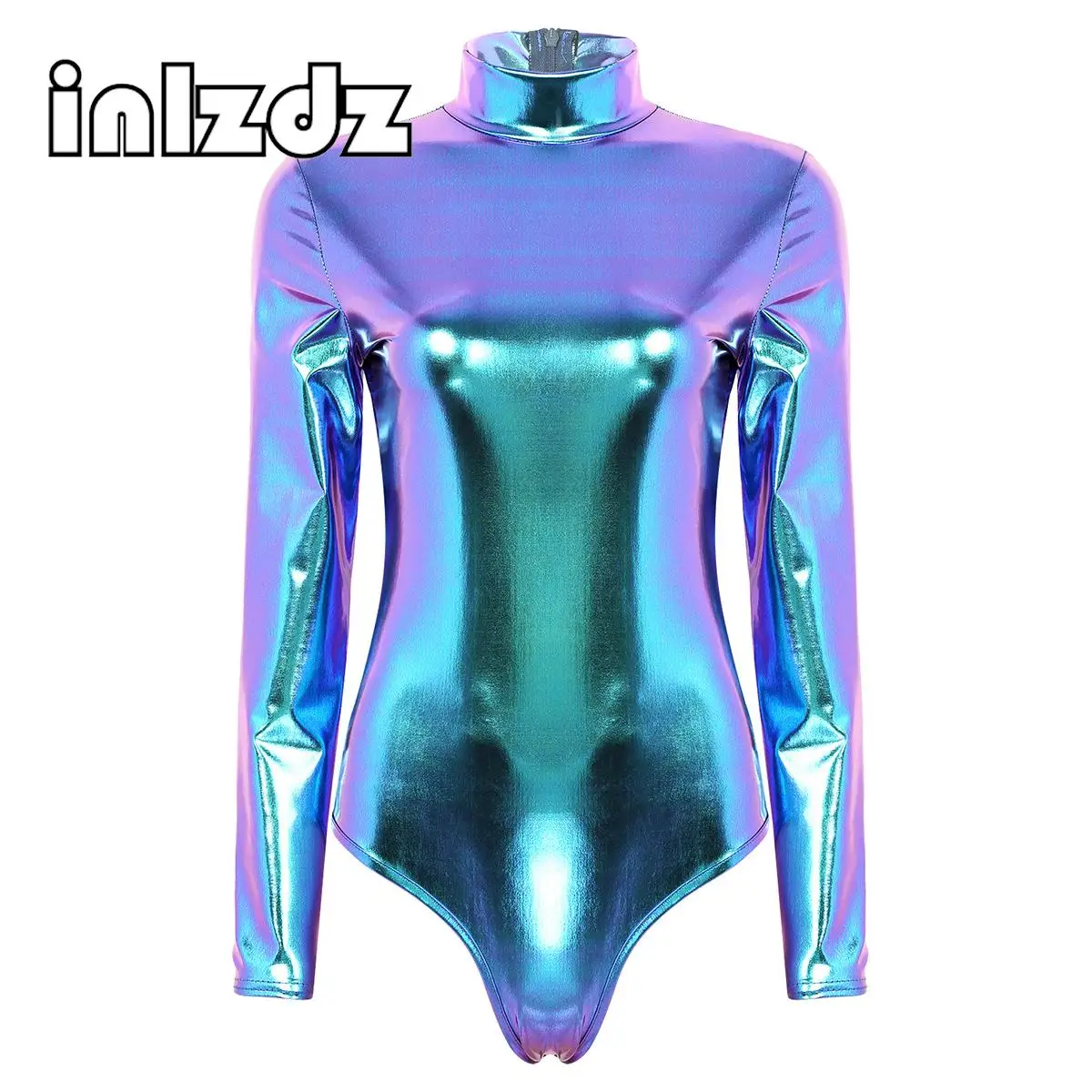 

Womens Metallic Shiny Unitard Dancewear Turtleneck Long Sleeves Slim Fit Bodysuit One Piece Clubwear Artistic Gymnastics Leotard