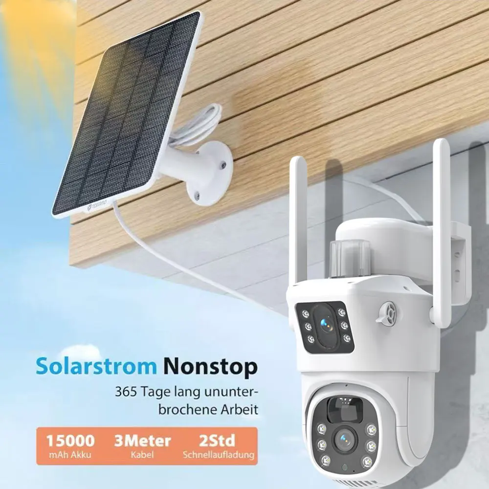 Telecamera di sicurezza IP PTZ WiFi solare 4K 8MP Monitoraggio automatico Telecamera di sorveglianza CCTV wireless per visione notturna a colori con doppia lente esterna