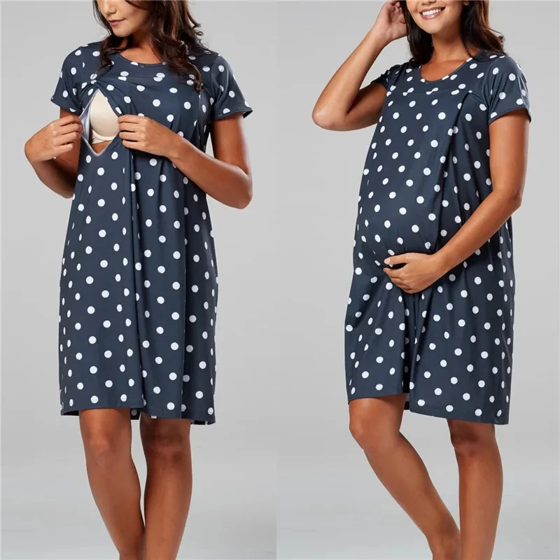 Maternity Sleepwear Cotton Polka Dot Printing Soft Lactation Breastfeeding Nightgown For Pregnancy Women
