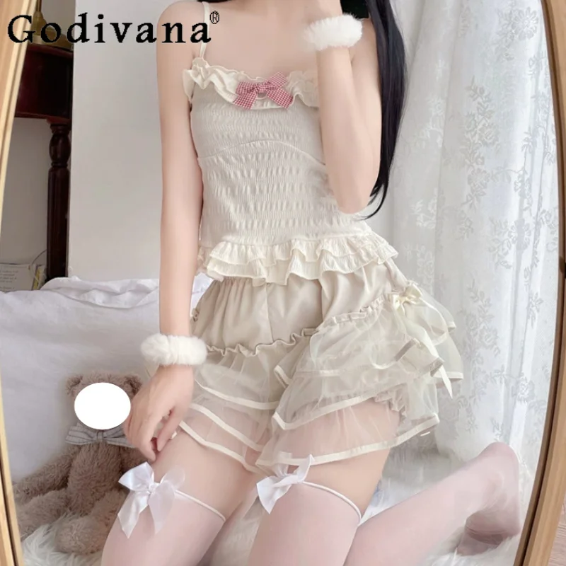 Lolita Double Layer Pumpkin Cake Shorts Versatile Age Reduction Sweet Women Summer Elastic Waist Cute Bow Gauze Leisure Shortses