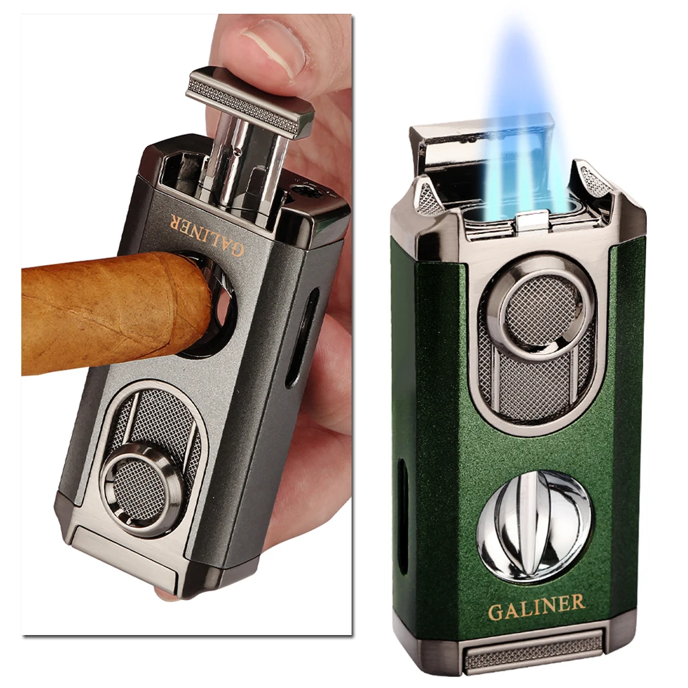 GALINER Metal Lighter Windproof Butane Gas Torch Cigar Lighter With V Cutter Cigar Scissors Gift Box Packaging