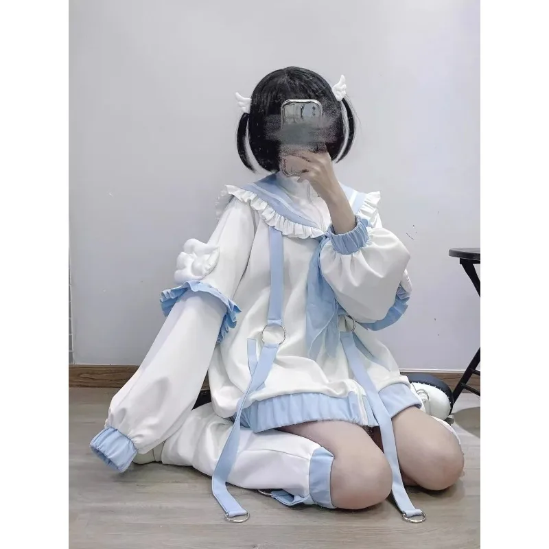 

Japanese Subculture Aqua Blue Hoodie Autumn New Design Sense Kawaii Cosplay Coat Cute Loose Design Sense Women's Clothing