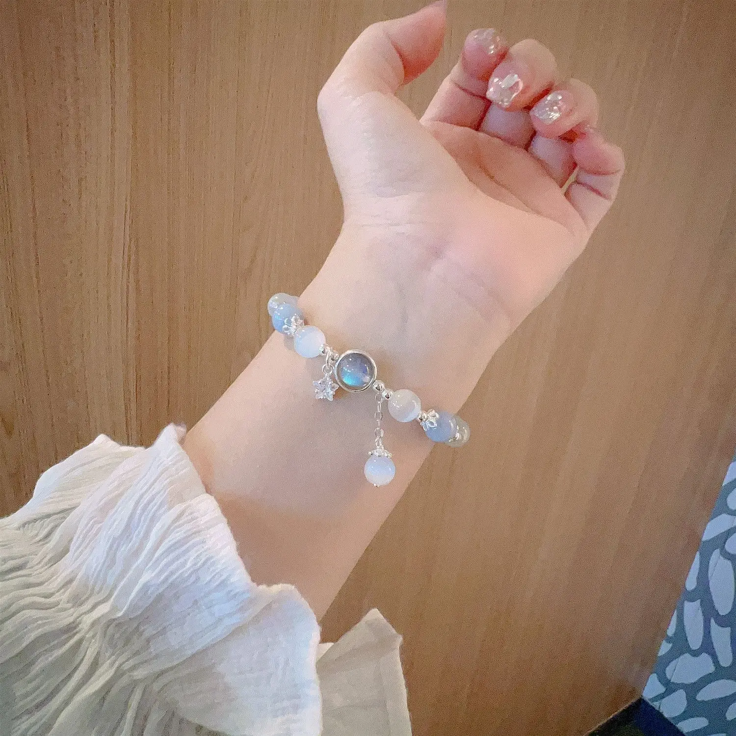 Glass Opal Sea Blue Treasure Moonlight Crystal Bracelet Light Luxury Elastic Bracelet for Girls Women Jewelry Accessories