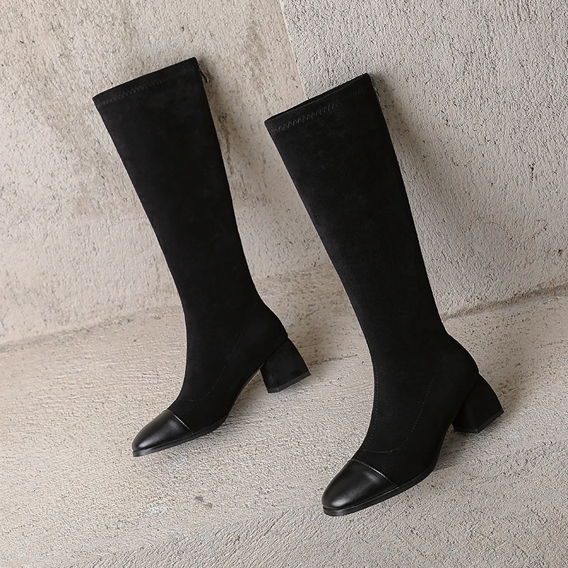 2024 new frosted elastic boots, mid heel round toe women's shoes, sizes 34-42.