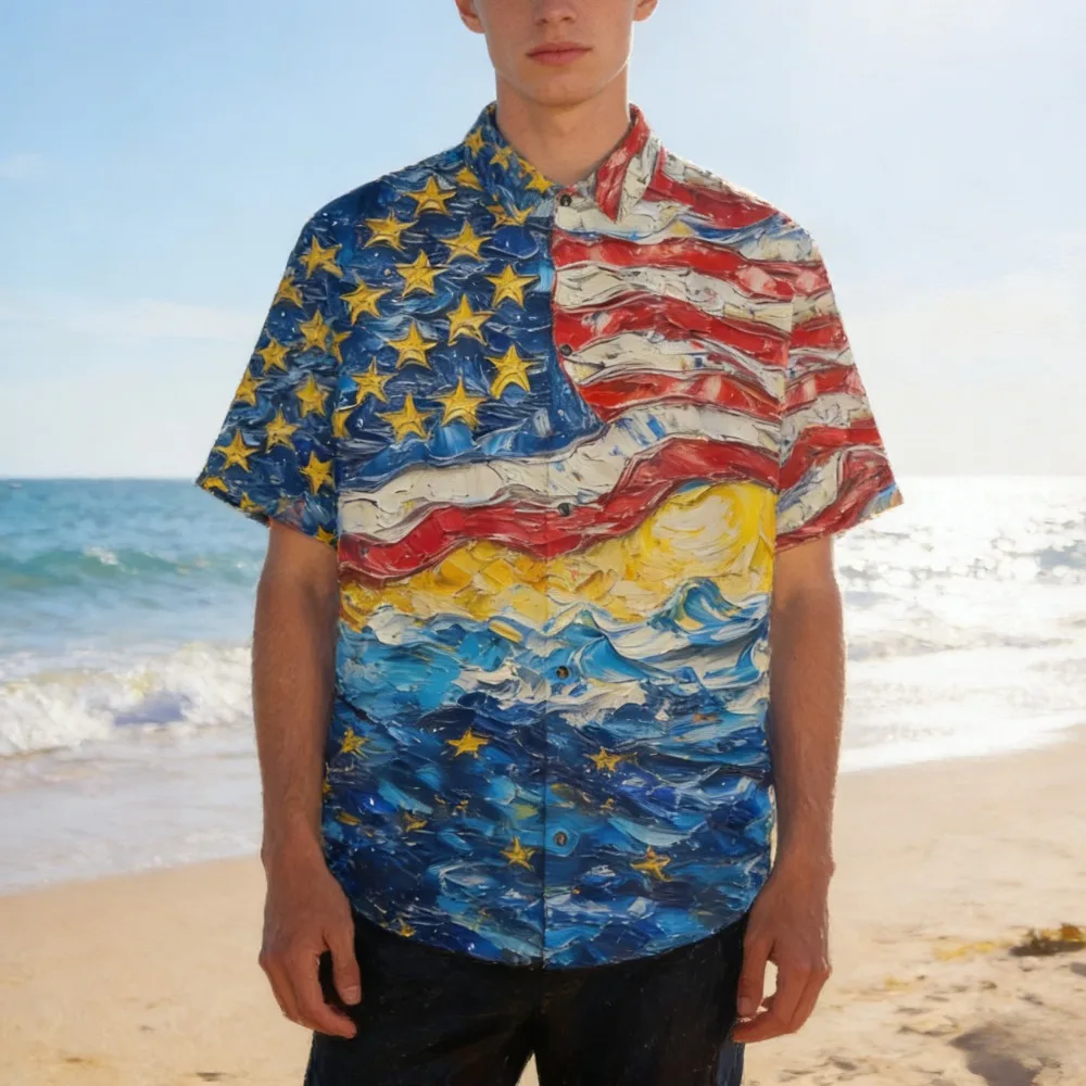 Men's Patriotic Button-Down Short Sleeve Shirt 4th of July Eagle & Statue of Liberty Graphic Vintage Stars & Stripes Casual Wear