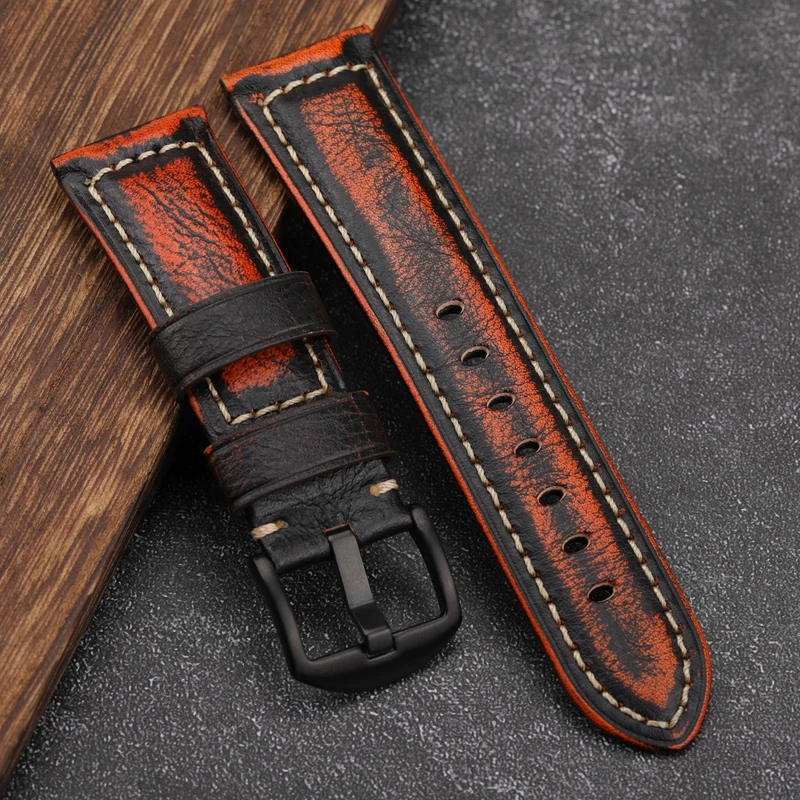 Handmade First Layer Cowhide Leather Strap Vintage Rubbed Color Leather Watchband 22  24MM Vintage Style Men Bracelet For PAM111