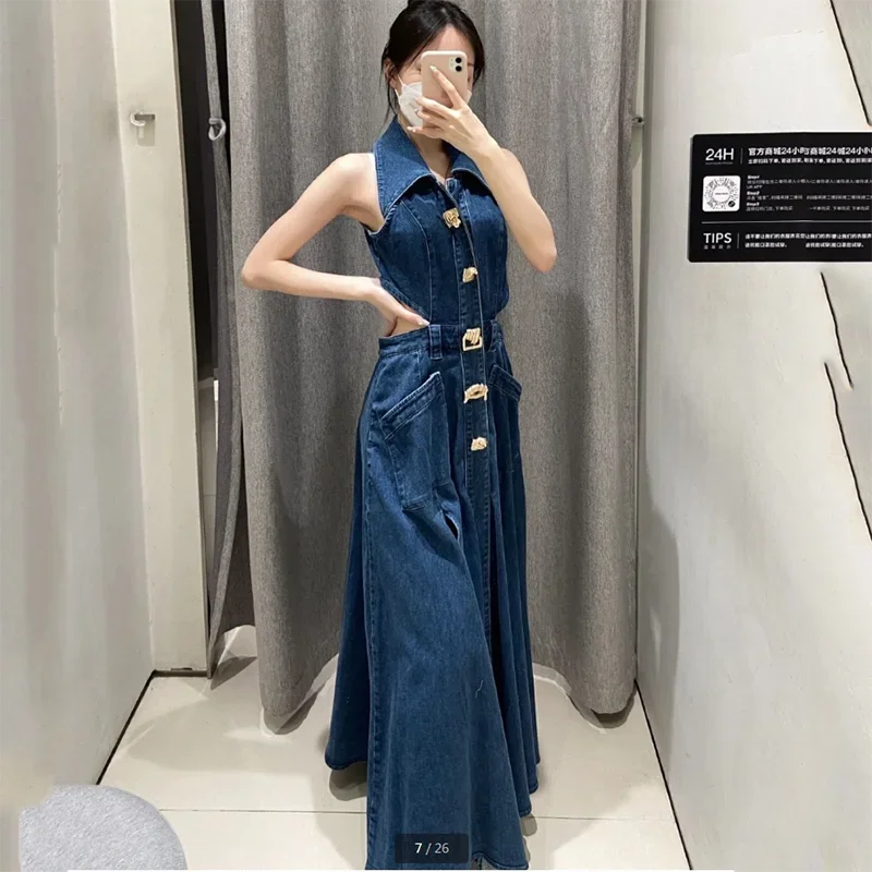 New Summer Backless Modified Jeans Dresses Women\'s Double Slit Dress Stand Collar Metal Button Slim Waist High-End Denim Dress
