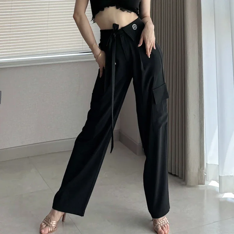 Pink/Black Latin Dance Pants Women Ballroom Dance Performance Clothes Straight Strap Waist Trousers Practice Dance Wear