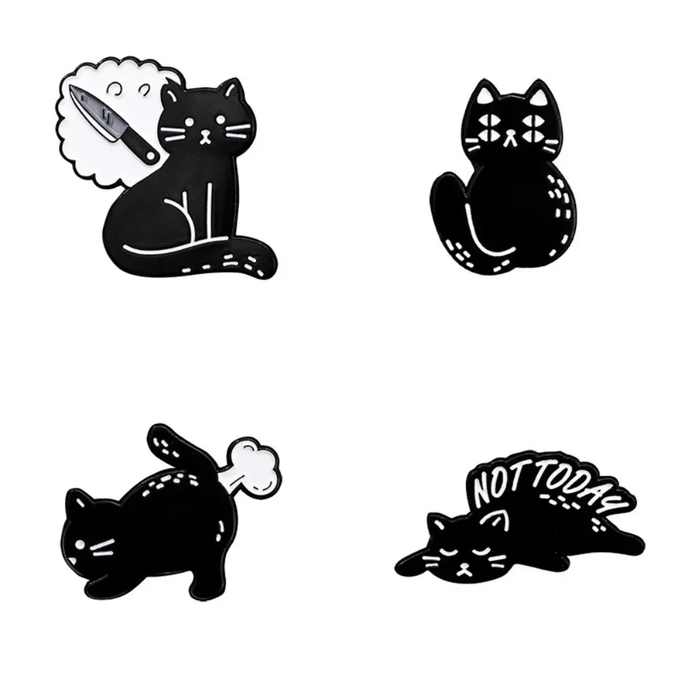 Cute Black Cat Not Today Enamel Brooch Set Knife Cat Metal Badge Punk Animal Lapel Pin Jewelry Release Toxic Gases Funny Pins