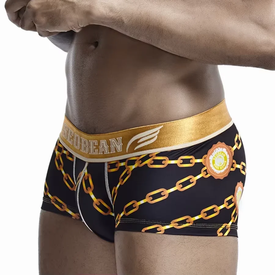 Men's Bugle Boxer Briefs Luxury Gold Chain Print Sexy High Elasticity Underwear Gays Fashion U Convex Pouch Boxy Underwear Trunk