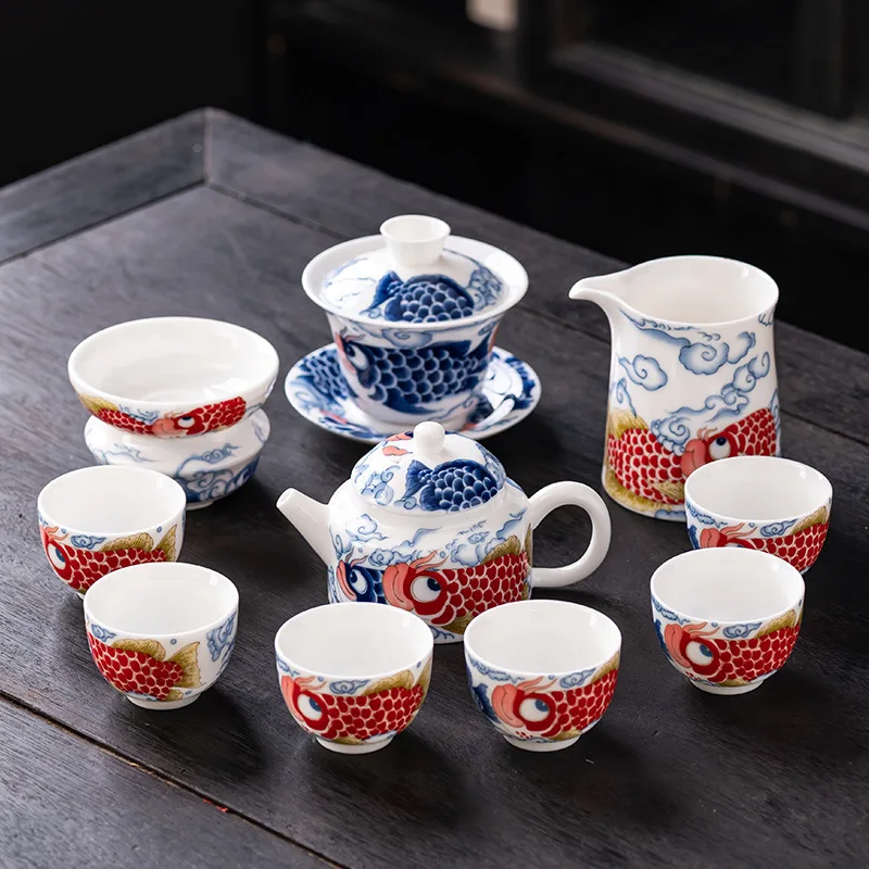 2024 New Golden Arowana High-End Full Color Sheep Fat Jade Tea Set Business Gift for Housewarming, Friends, and Leaders