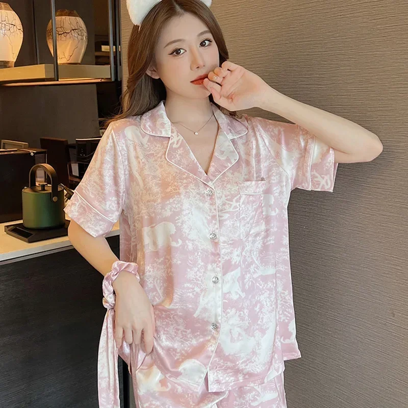 French high-class printed pajamas for women's spring and autumn new lazy style sweet homewear silk pajamas for women sleepwear