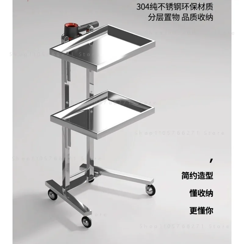 Foldable Stainless Steel Beauty Salon Cart 2-Tier Barber Shop Trolley Workbench and Storage Tool Cart