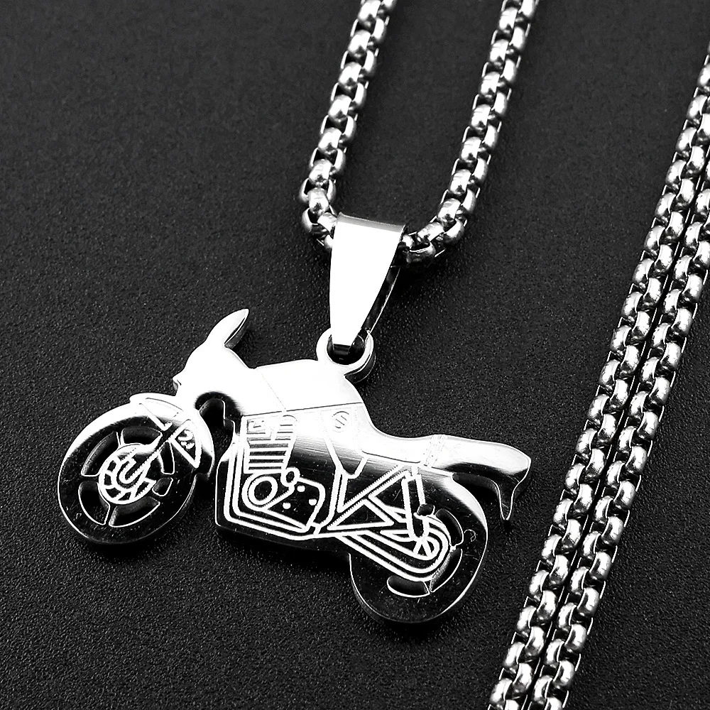 Cool motorcycle pendant necklace - Hip-hop style accessory for trendsetters. Titanium and steel chain. Men's street style person