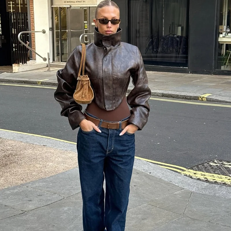 TWOTWINSTYLE Cappotto con cerniera impiombata in pelle PU vintage per donna Colletto alla coreana Tunica a maniche lunghe Dimagrante Giacche streetwear Donna