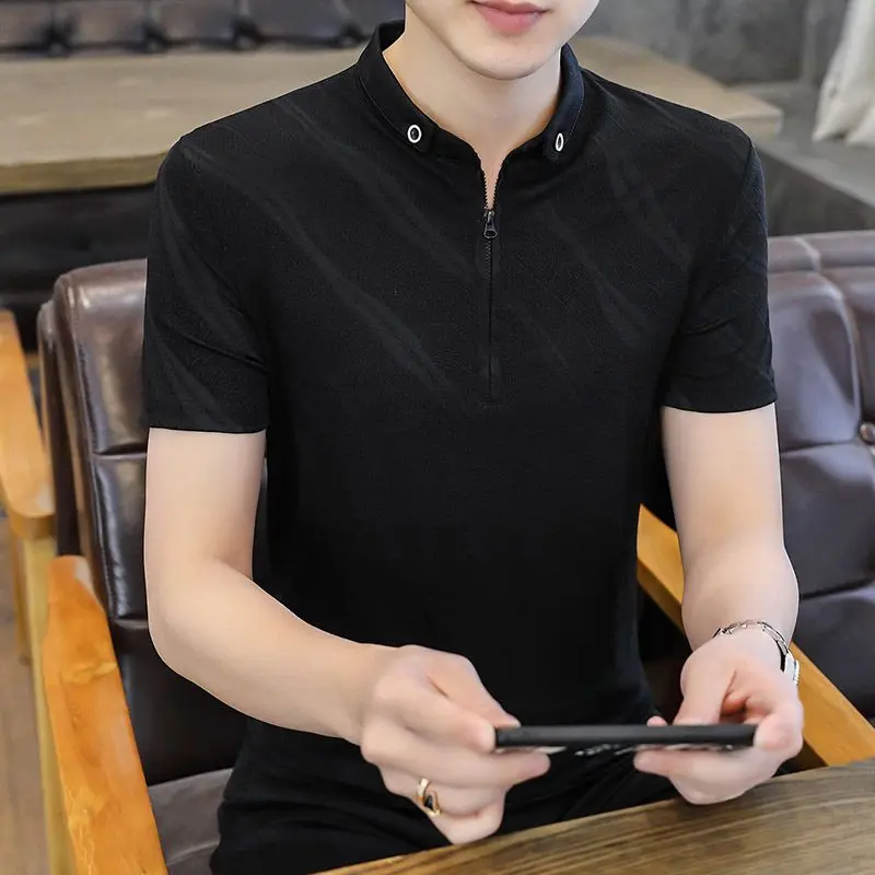 Summer New Men's Zipper Polo Shirt Ice Cooling Silk T-Shirt Casual Turn Down Collar Short Sleeve Breathable Top for Youth