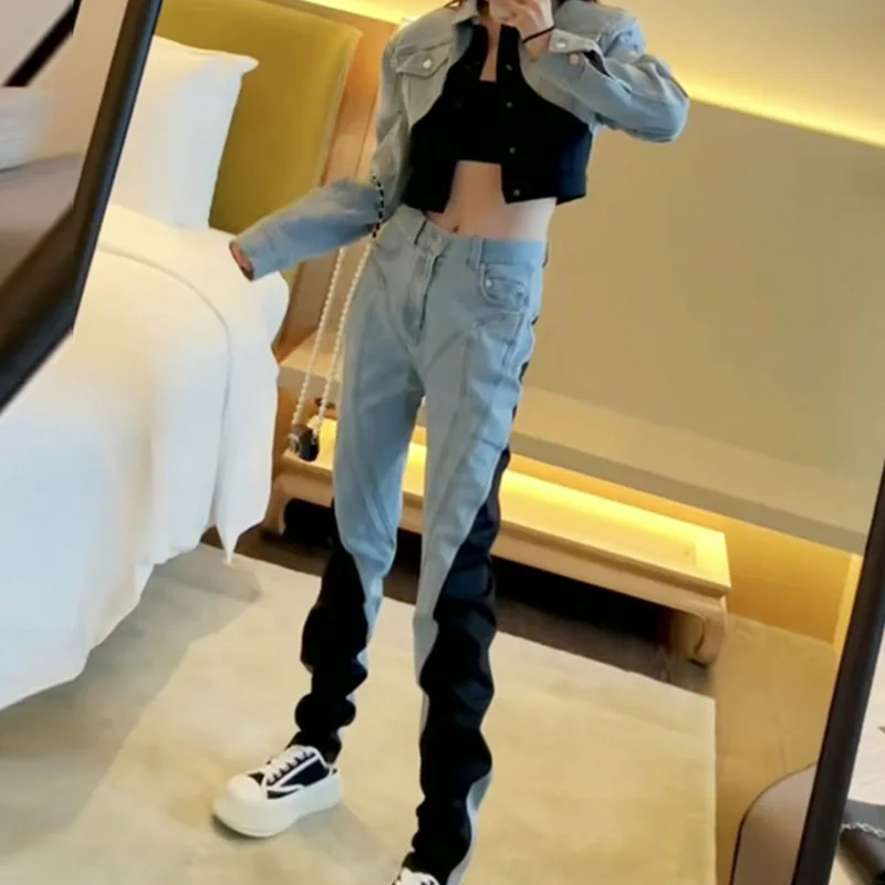 Setelan dua potong gaya hipster jalanan, koleksi musim gugur 2025, jaket denim serbaguna, celana jeans warna kontras pinggang tinggi, setelan wanita, 여자청자켓