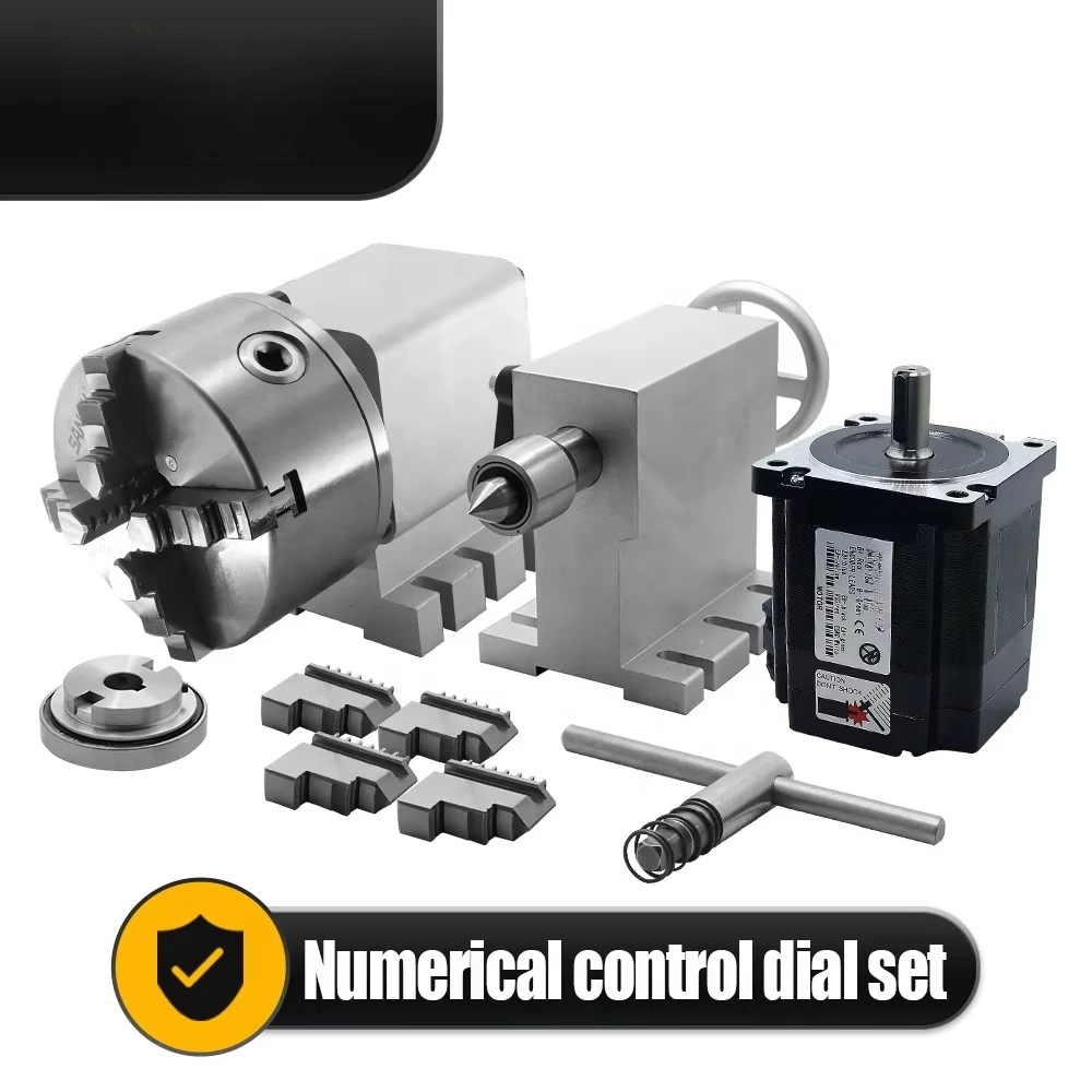CNC 4th Axis Rotary Axis Kit 100mm Center Height, 130mm 4-Jaw Chuck with 4.5Nm Stepper Motor & Tailstock for CNC Router Milling